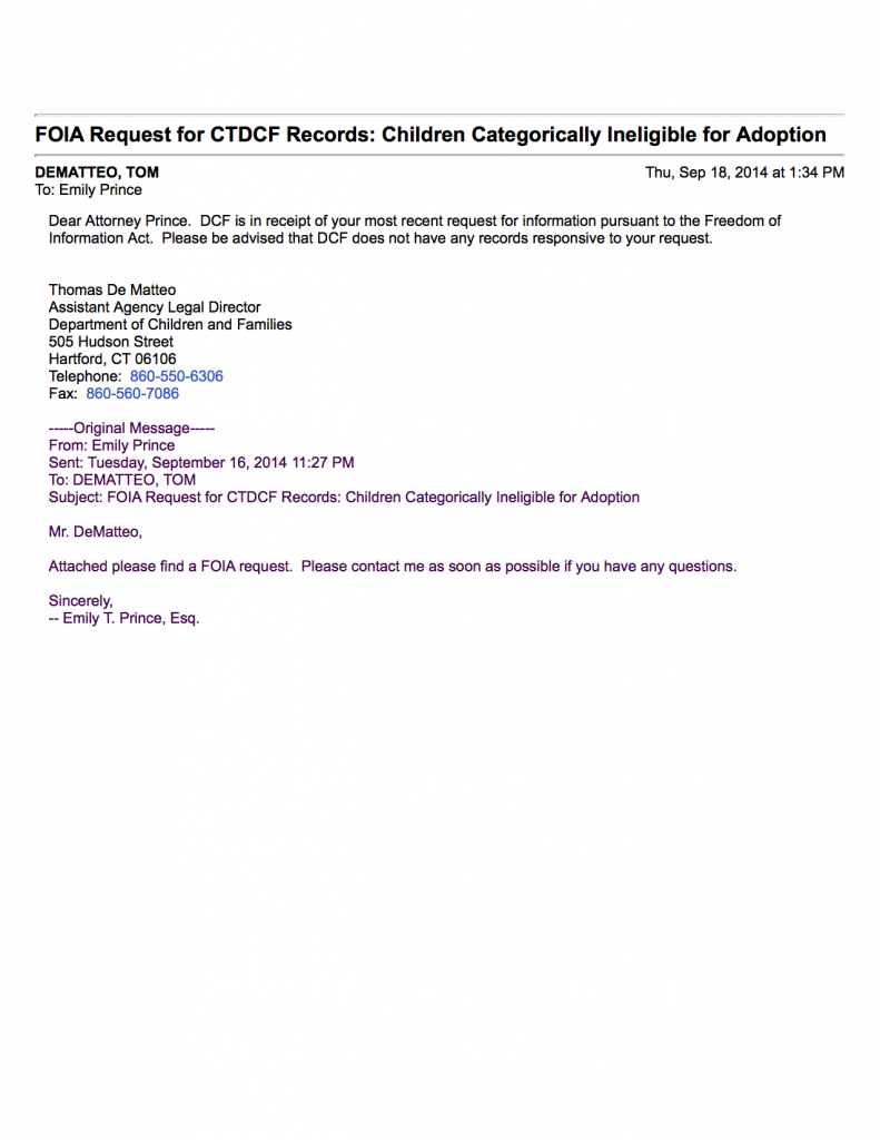 FOIA Response for CTDCF Records - Children Categorically Ineligible for Adoption